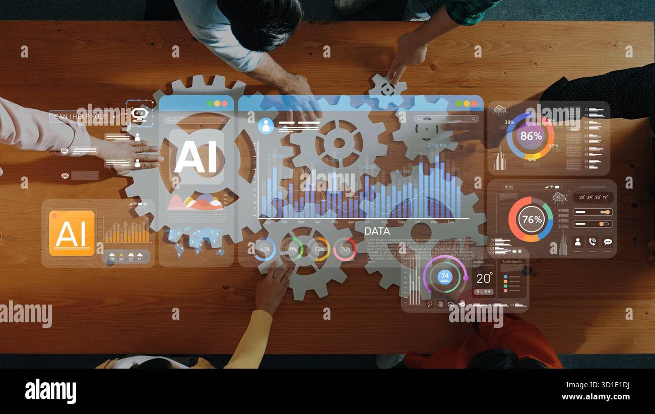 A dynamic office scene showcasing teamwork and artificial intelligence ...