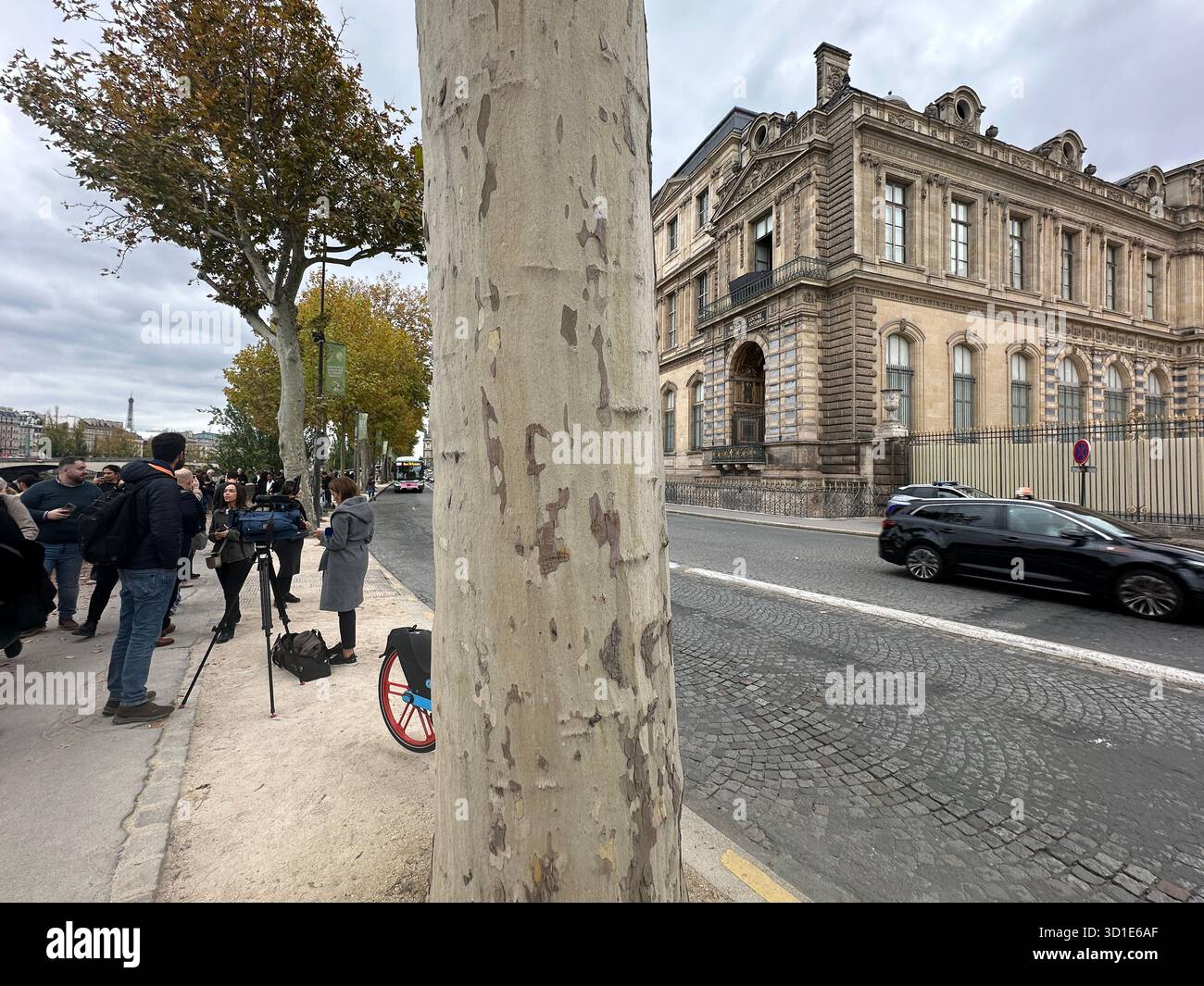 Louvre Heist Paris France 19 October 2025. Facade with broken windows and black screen. Image taken 22 October 2025 - Smartphone Captured Stock Image