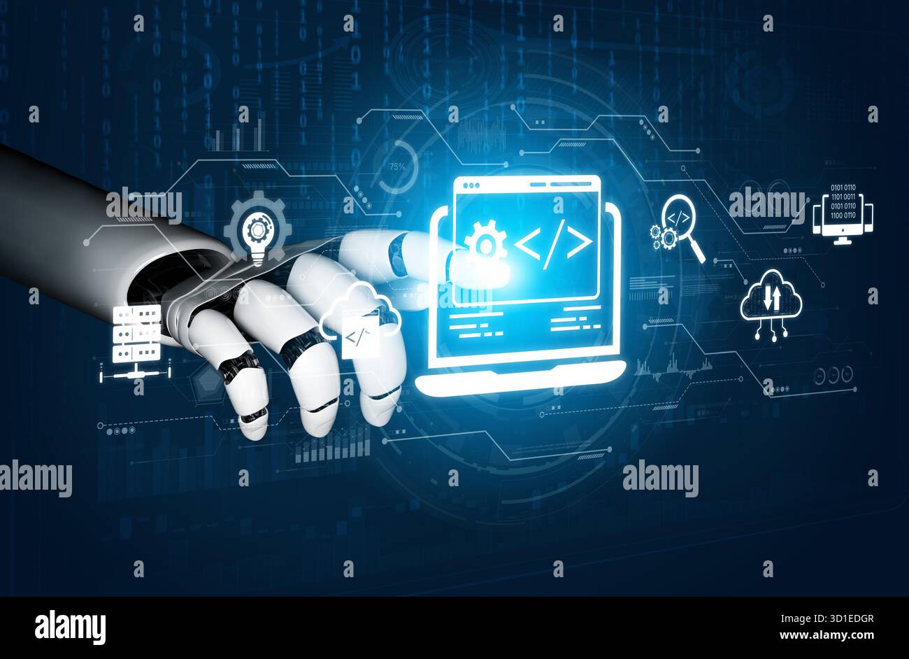 AI streamlines web development with smart coding tools, interface automation, and futuristic design systems for building efficient online platforms. A Stock Photo