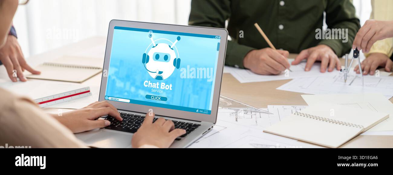 Chatbot software application for brisk online business that automatically reply to customer questions Stock Photo