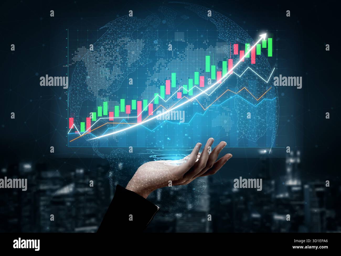 A hand holds a vibrant digital graph showcasing upward trends ...