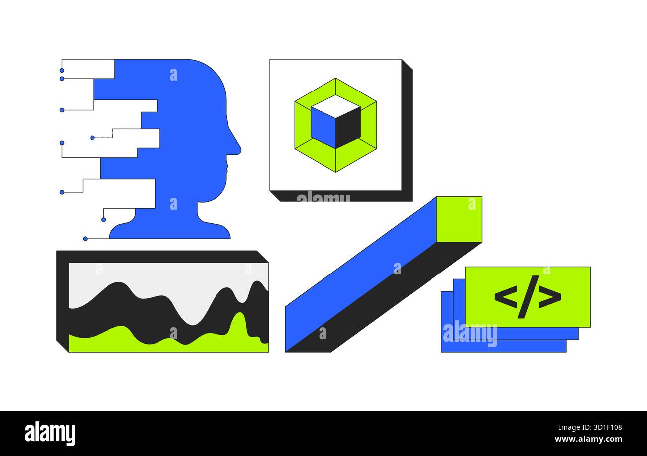 Digital tools and artificial intelligence 2D cartoon objects set Stock Vector