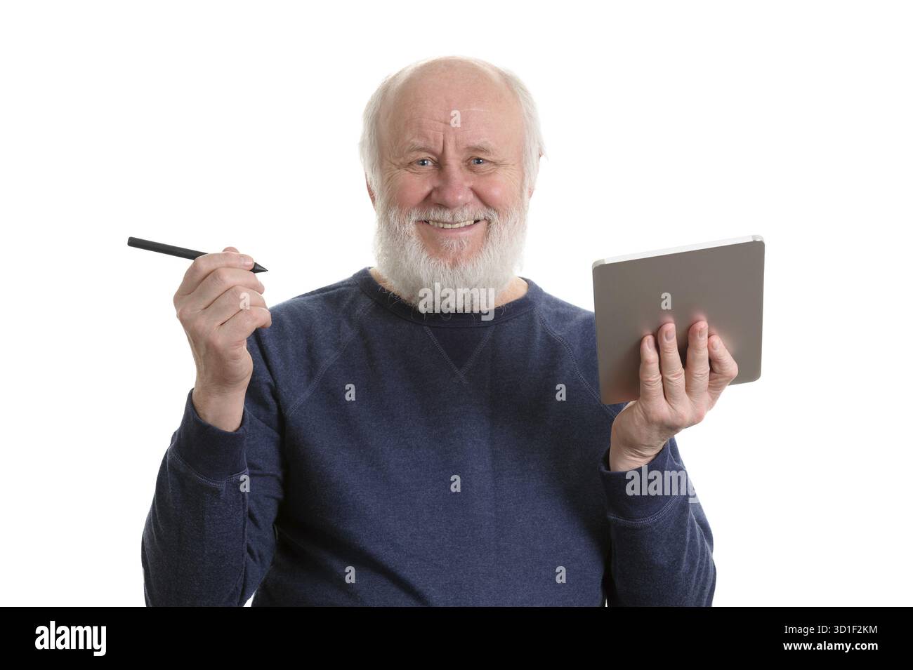 Funny bald and bearded old man using tablet computer, isolated on white Stock Photo
