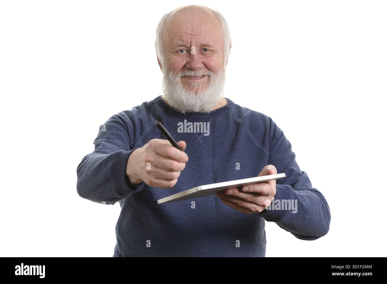 Funny bald and bearded old man using tablet computer, isolated on white Stock Photo