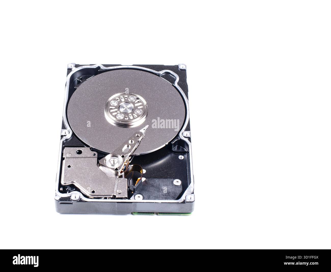 SAS hard disk on white background SAS hard disk read and write head in the macro shot Stock Photo