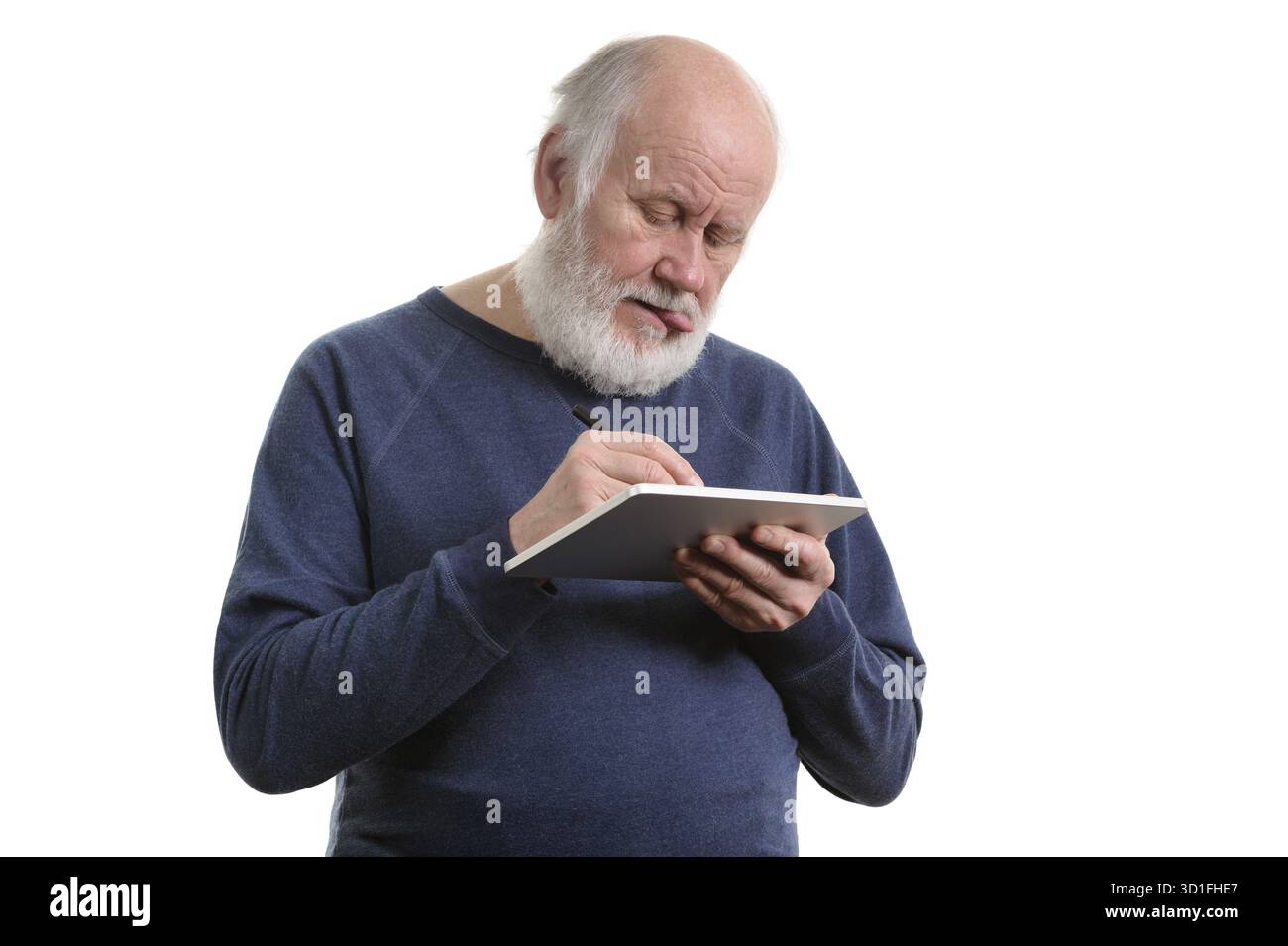 Funny bald and bearded old man using tablet computer, isolated on white Stock Photo