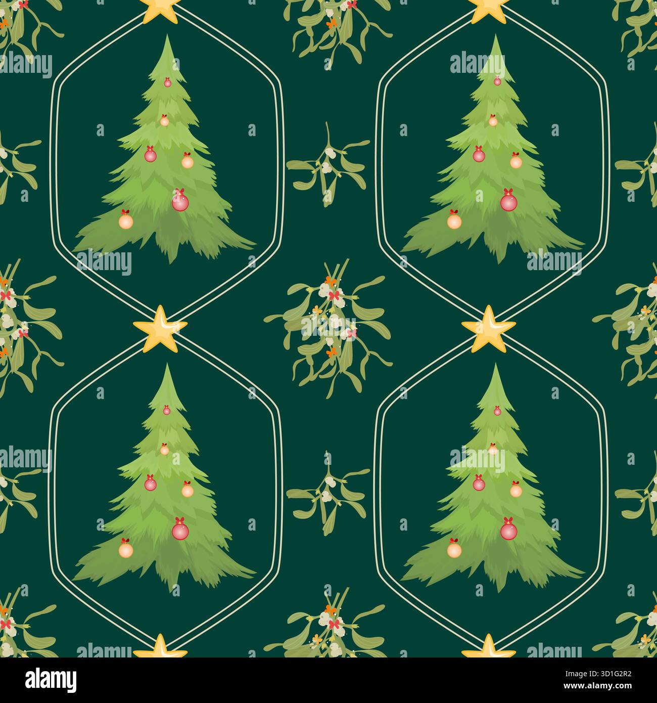 Seamless Christmas tree and mistletoe pattern 2026 Stock Vector