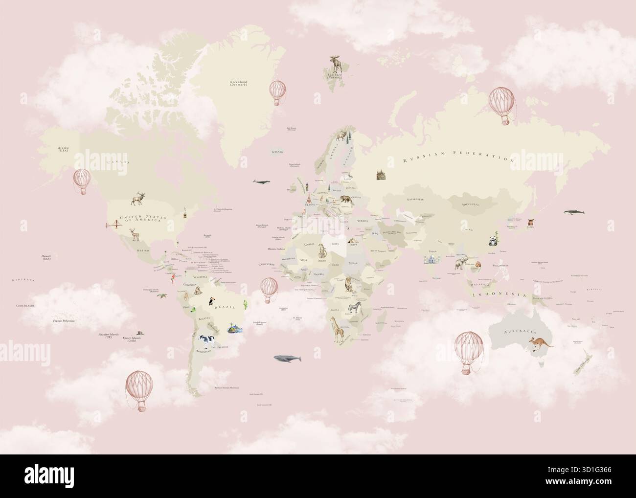 Watercolor Kids World Map | Educational Animal Map for Nursery and ...
