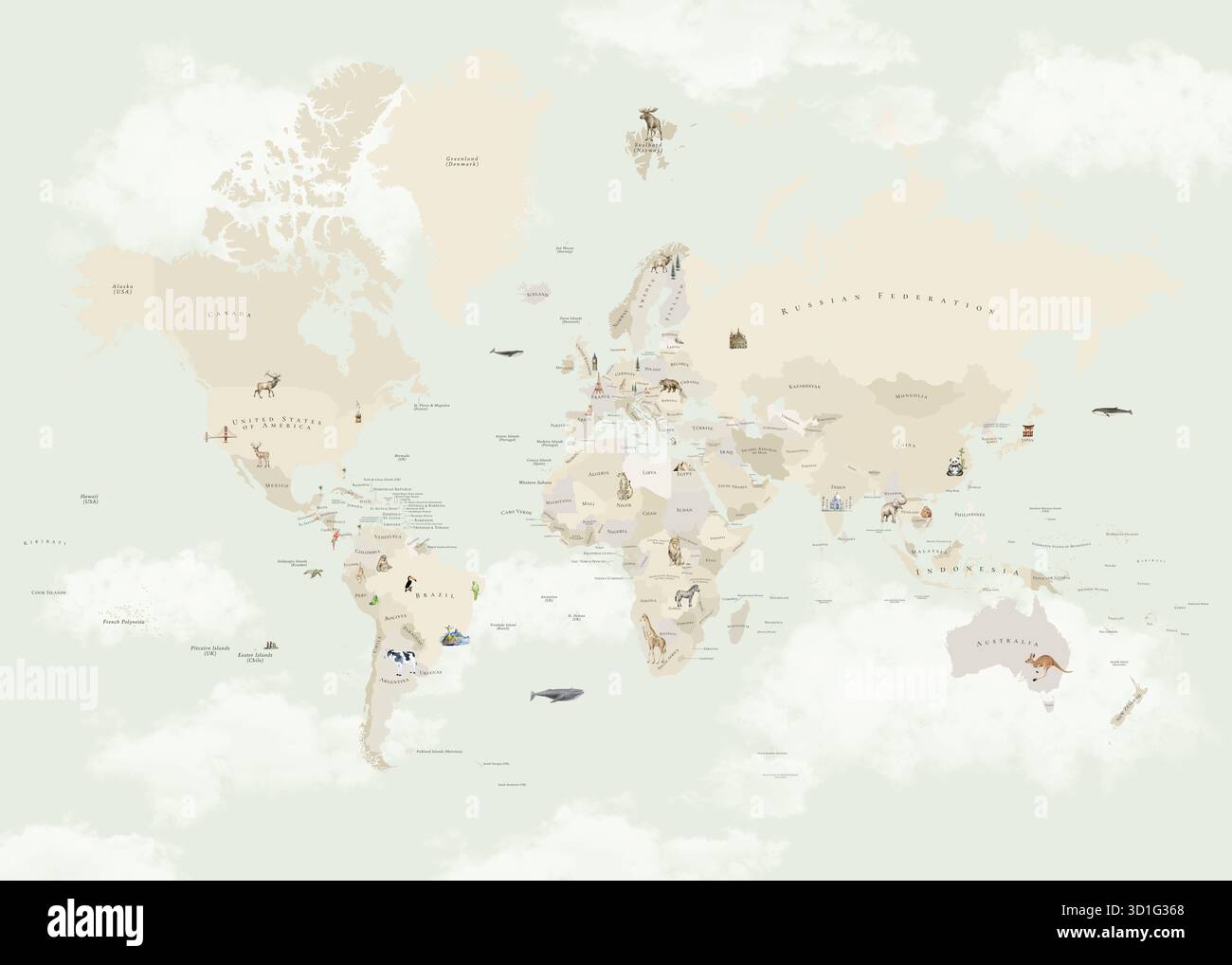 Watercolor Kids World Map | Educational Animal Map for Nursery and ...