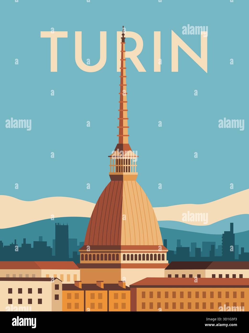 Turin skyline modern poster illustration in flat style. Business travel and tourism concept.Vector stock Stock Vector