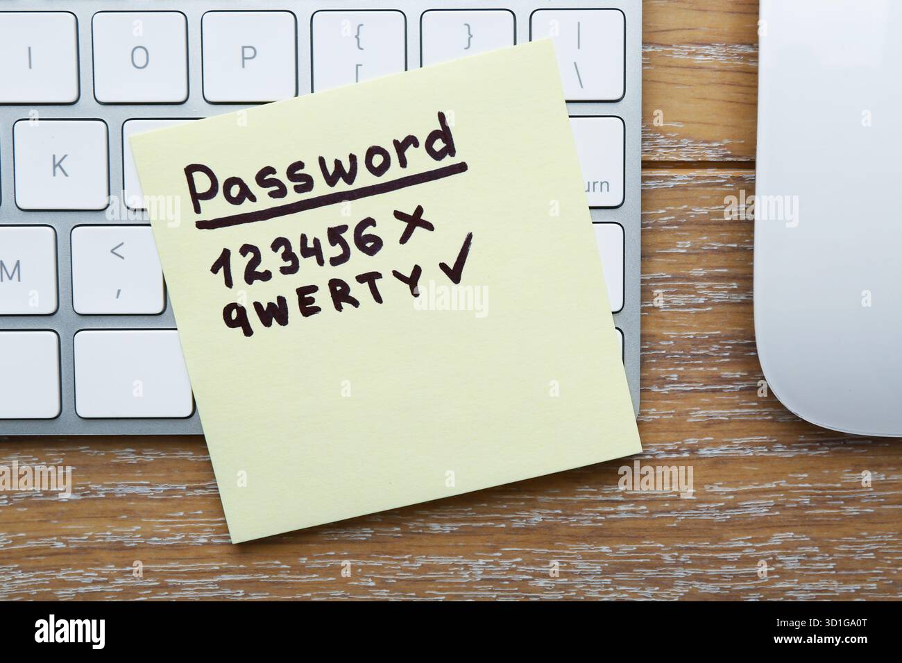 Changing password. Sticky note with weak and strong passcodes, computer keyboard and mouse on wooden table, flat lay Stock Photo