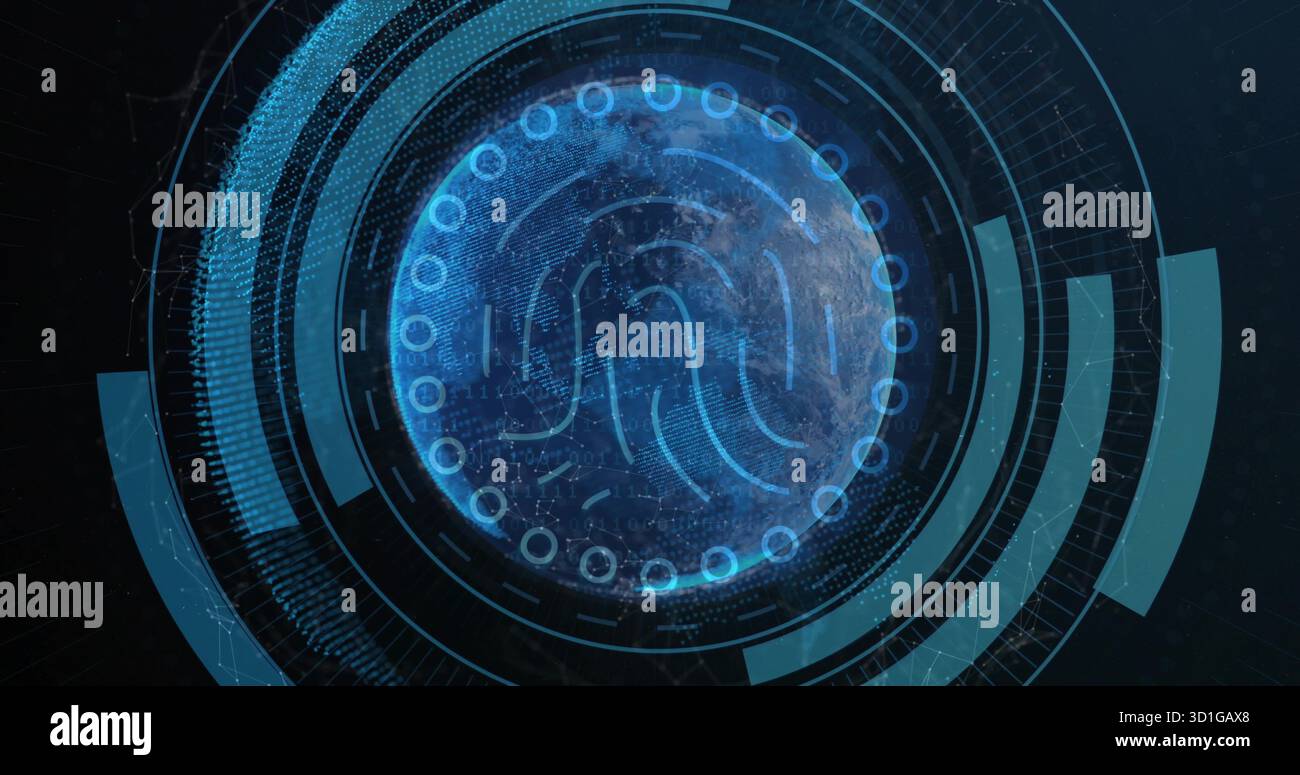 Displaying globe with fingerprint pattern and elements in scifi UI over network grid Stock Photo
