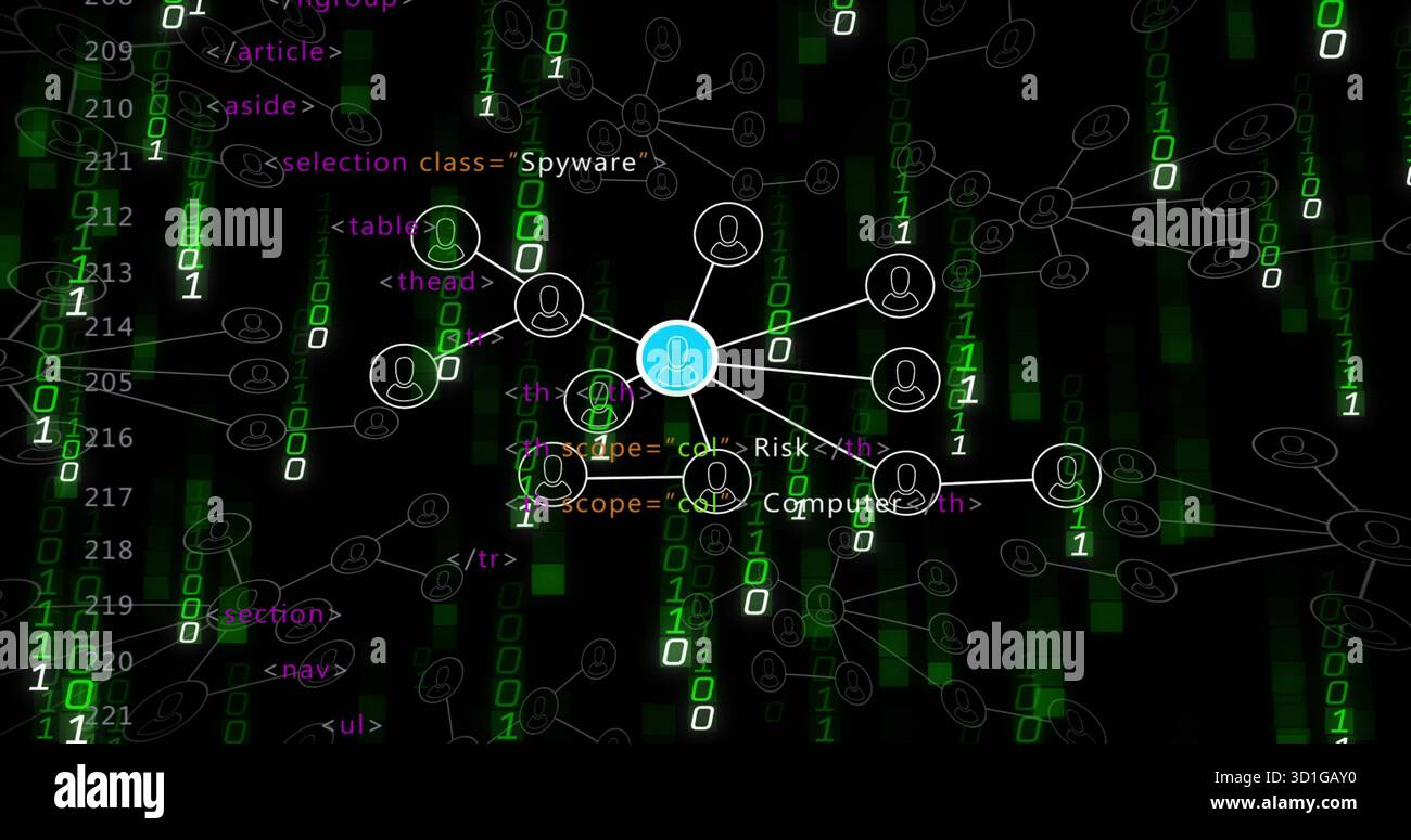 Displaying highlighted central avatar node linking avatars in cyber network, with binary digits Stock Photo