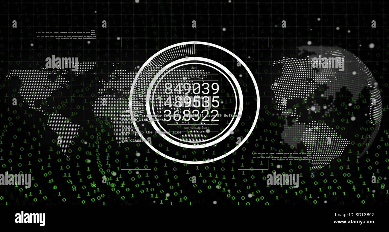 Displaying central HUD circles showing numeric values on screen, dotted world map, binary code Stock Photo