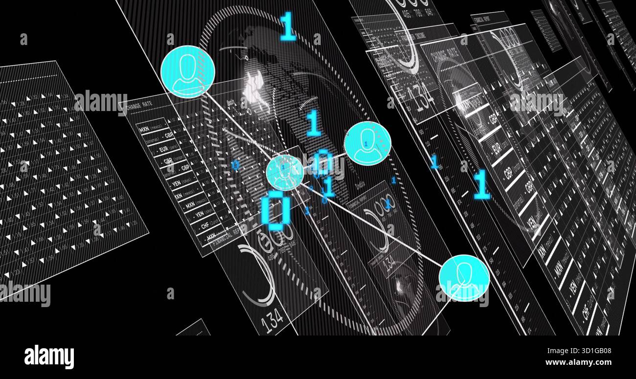 Displaying main panel presenting world map and cyan nodes in network dashboard, with translucent UI Stock Photo