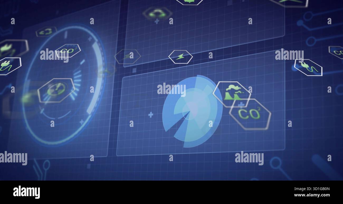 Radar-like chart rotating in grid-based interface, with circular gauge ...
