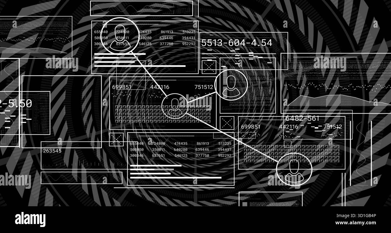 Displaying data interface panel on spiral background, showing codes ...