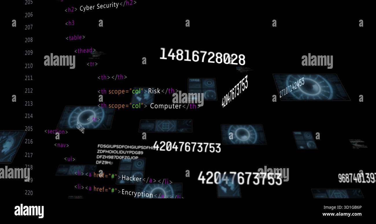 Displaying floating HTML fragments and numeric sequences in dark void, with holographic panels Stock Photo