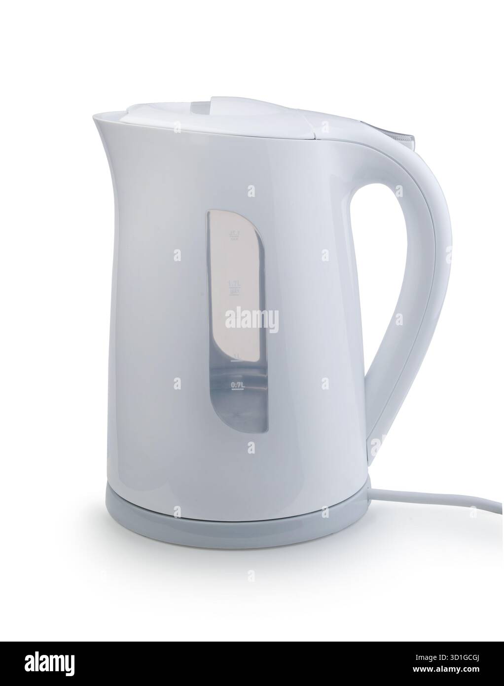 New white electric kettle isolated on white. Stock Photo