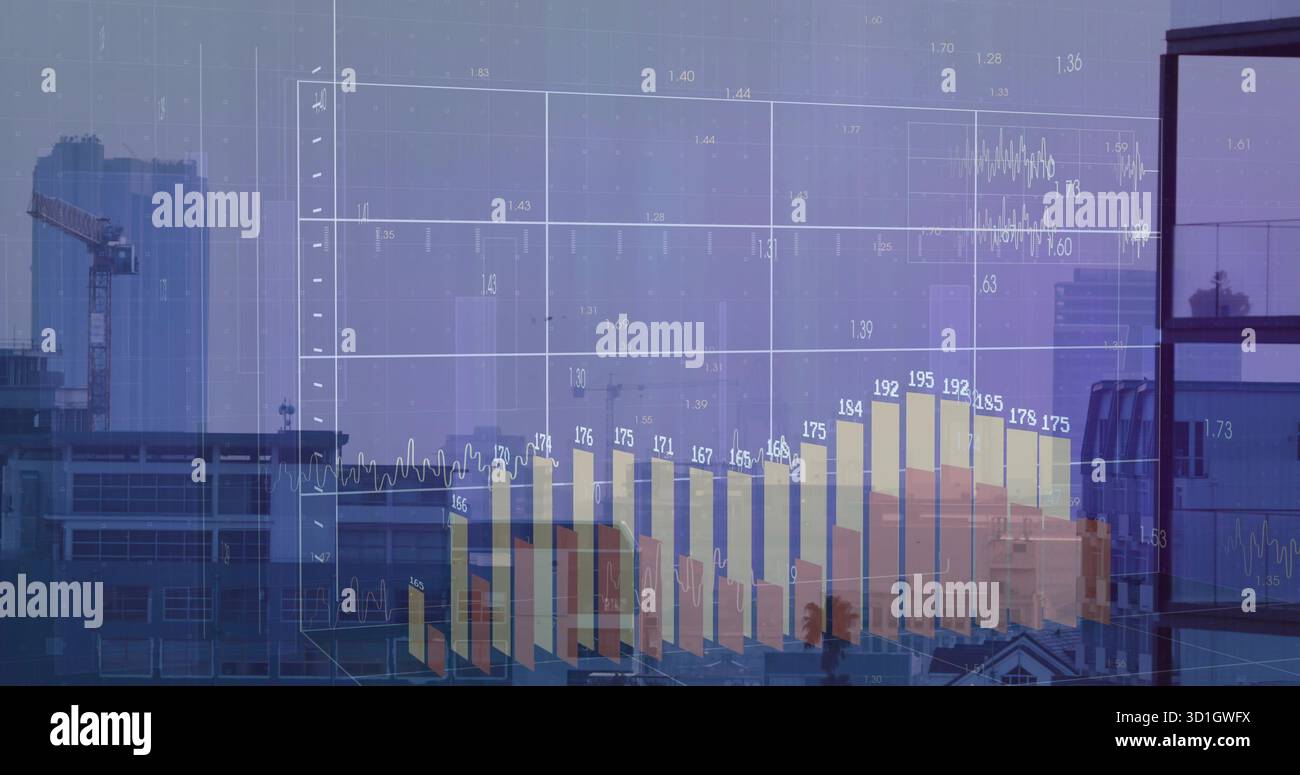 Displaying data overlay on office window overlooking skyline with grid, axis labels and line graph Stock Photo