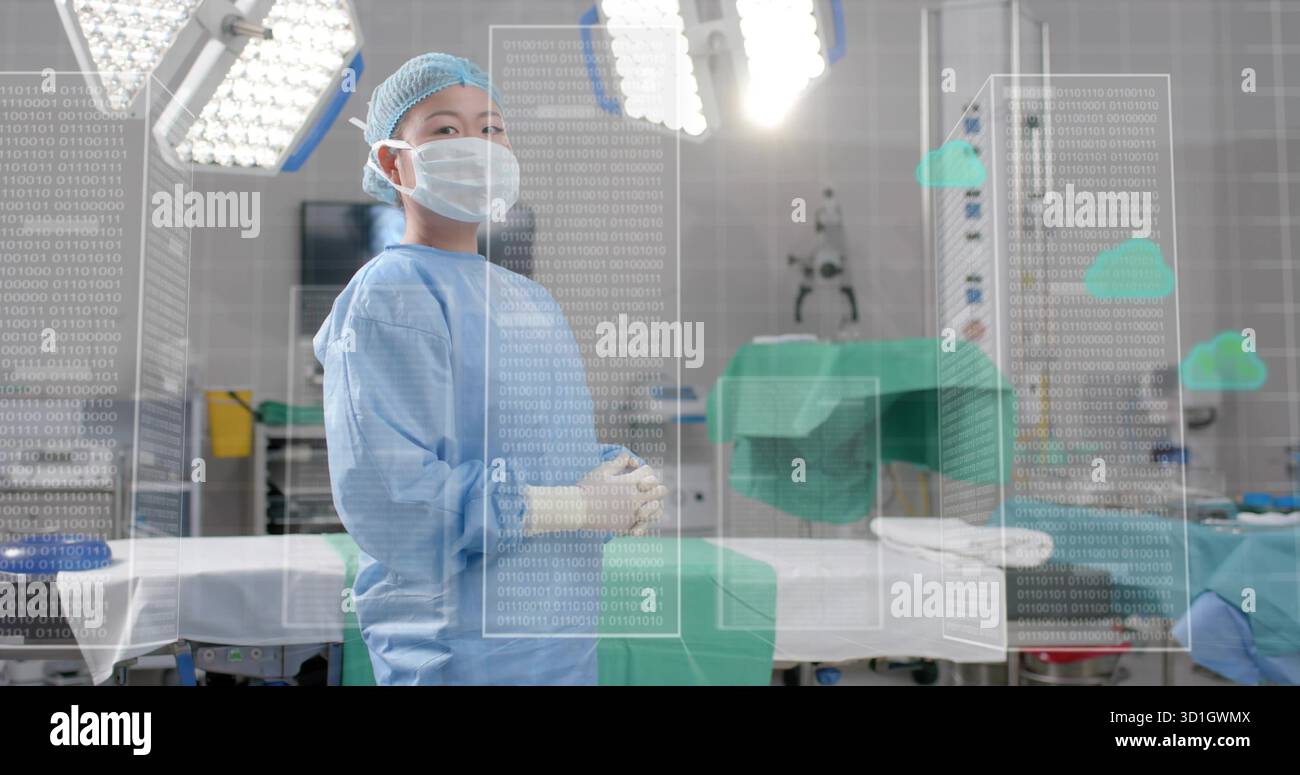 Adjusting LED lights Asian female surgeon wearing blue gown and mask in ...