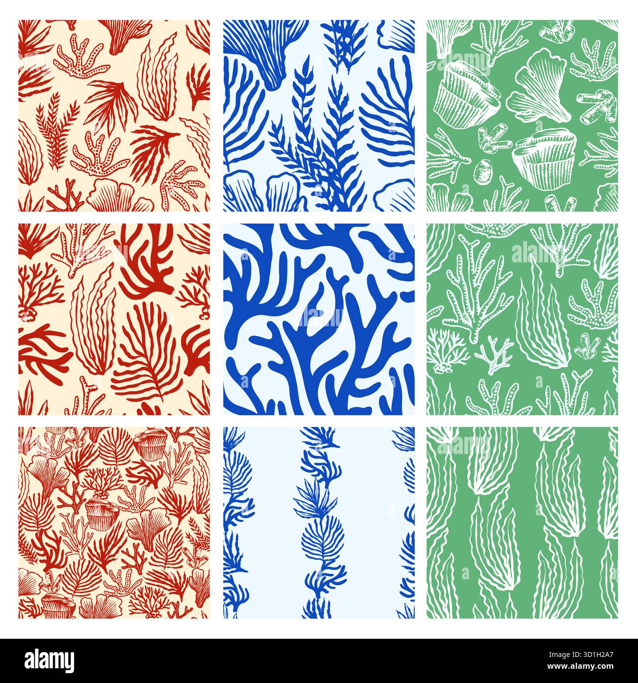 Set of Corals and seaweed seamless patterns. Abstract leaves Botanical ...