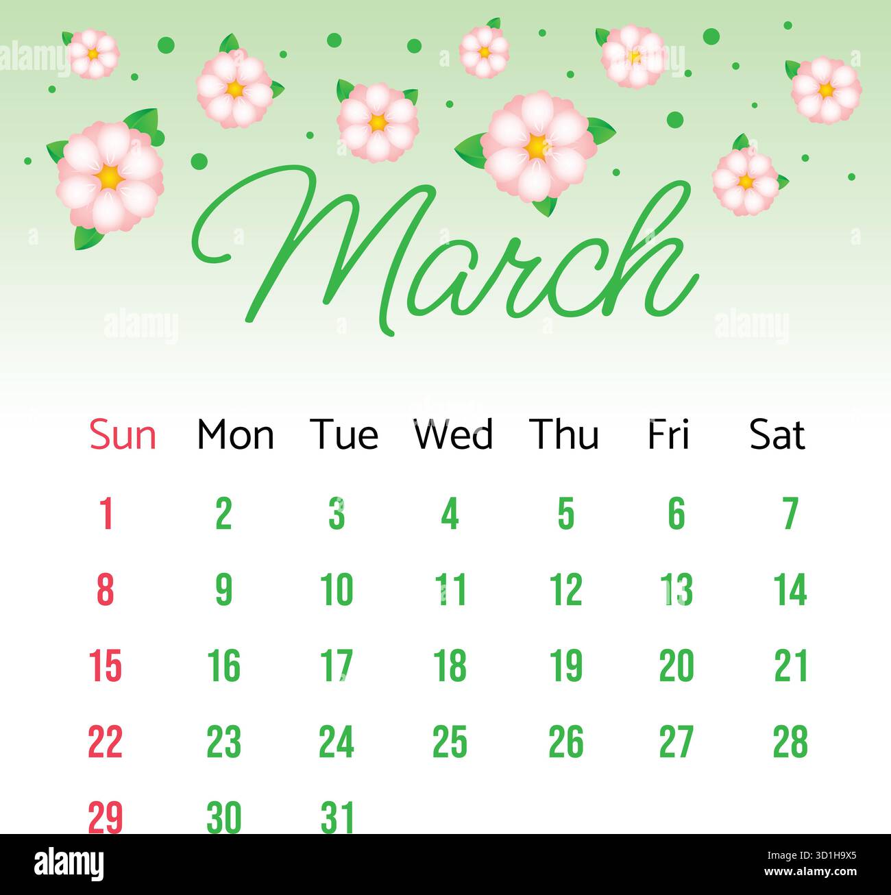 Calendar Page for March 2026 with cute spring flowers and leaves. Week ...