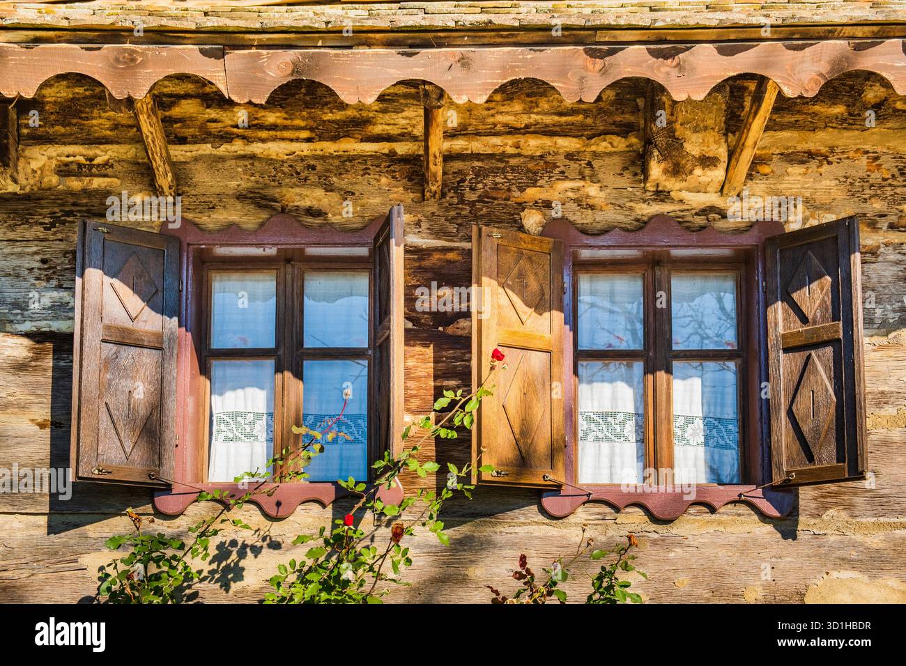 Window detail of idyllic old traditional wooden house in Letovanic, Croatia Stock Photo