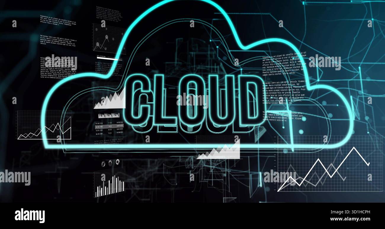 Displaying neon cyan cloud with CLOUD showing data flow in digital interface, with charts and code Stock Photo