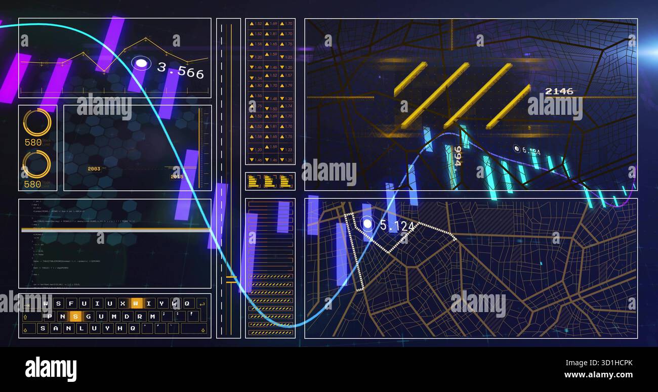 Displaying analytics dashboard monitoring data in console, with hex grid and code editor snippet Stock Photo