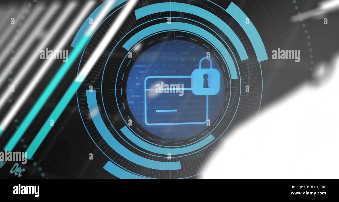 Displaying padlock icon and card outline on security dashboard, streaming binary code amid streaks Stock Photo