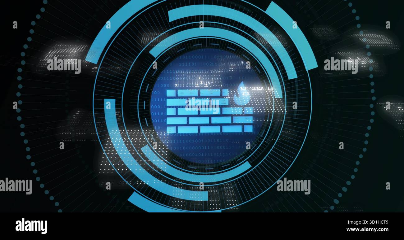 Displaying blue firewall icon emitting in interface rings, with binary code panels, hexagonal grid Stock Photo
