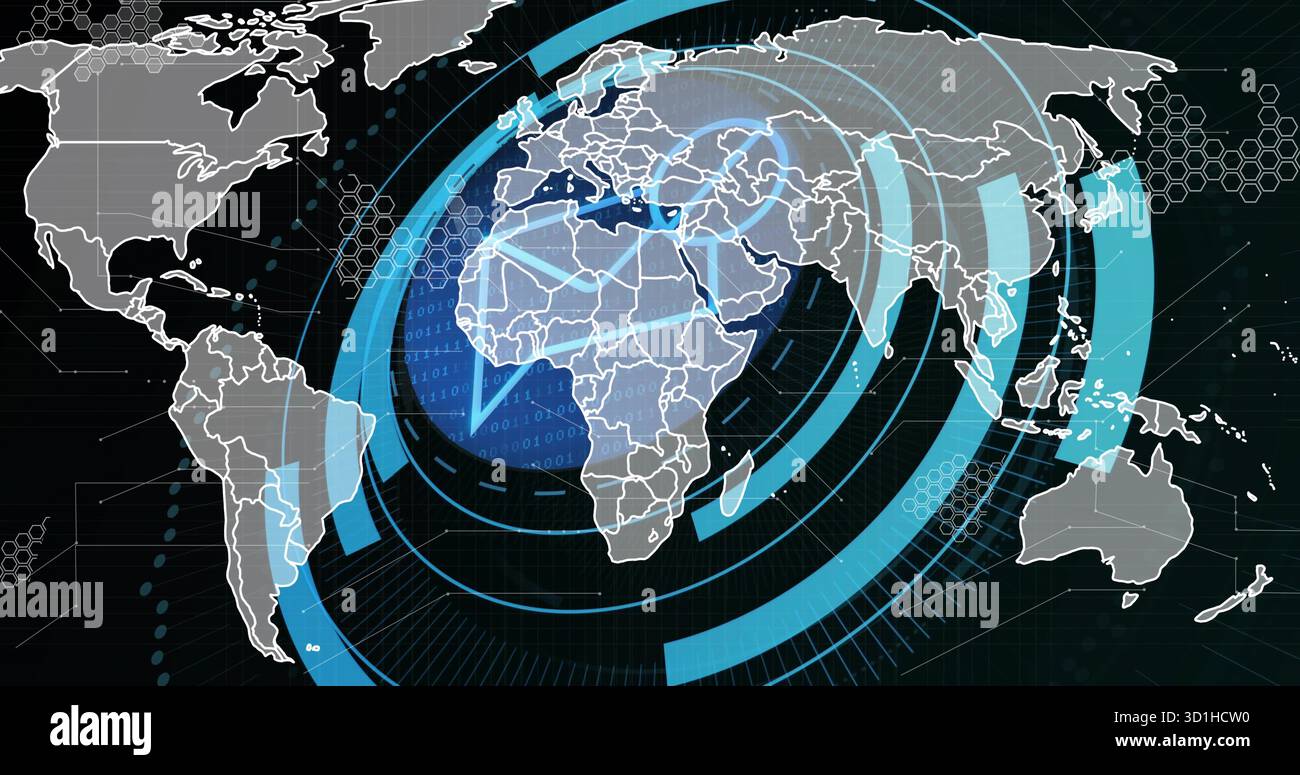 Projecting world map graphic on interface screen showing concentric rings, hex grid and binary code Stock Photo