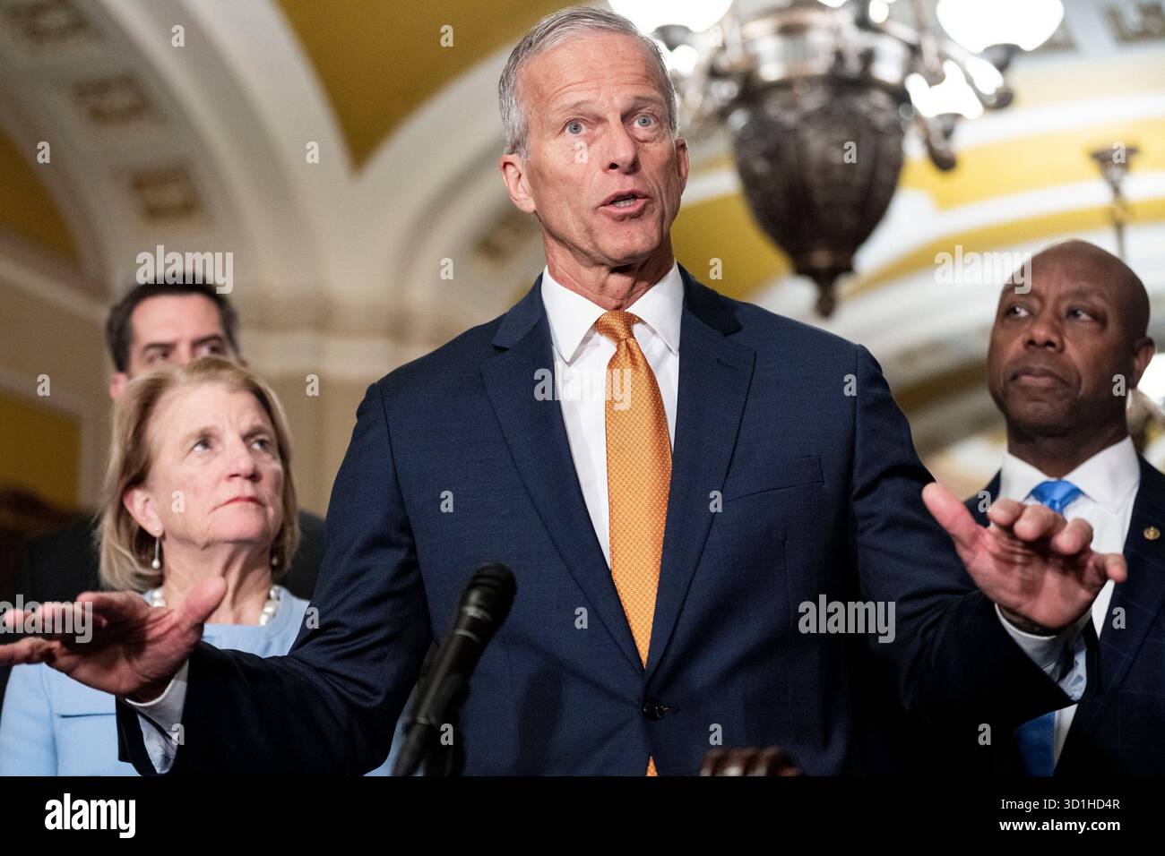Senate Majority Leader John Thune, R-SD, speaks during a press ...