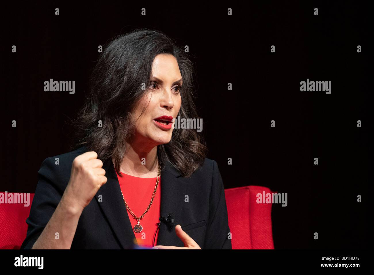 Austin, Texas, USA. 27th Oct, 2025. Michigan Governor GRETCHEN WHITMER relates her experiences as a dynamic politician and governor of a Midwestern Democratic state during a book tour talk at the LBJ Library. Whitmer famously was the target of an unsuccessful kidnapping attempt by 13 men in 2020. Credit: Bob Daemmrich/Alamy Live News Stock Photo