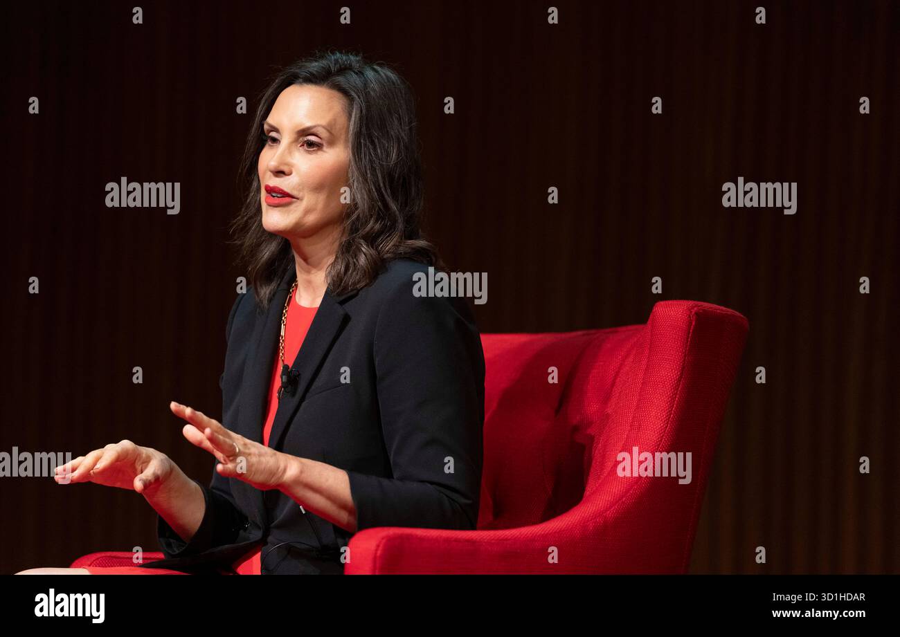 Austin, Texas, USA. 27th Oct, 2025. Michigan Governor GRETCHEN WHITMER relates her experiences as a dynamic politician and governor of a Midwestern Democratic state during a book tour talk at the LBJ Library. Whitmer famously was the target of an unsuccessful kidnapping attempt by 13 men in 2020. Credit: Bob Daemmrich/Alamy Live News Stock Photo