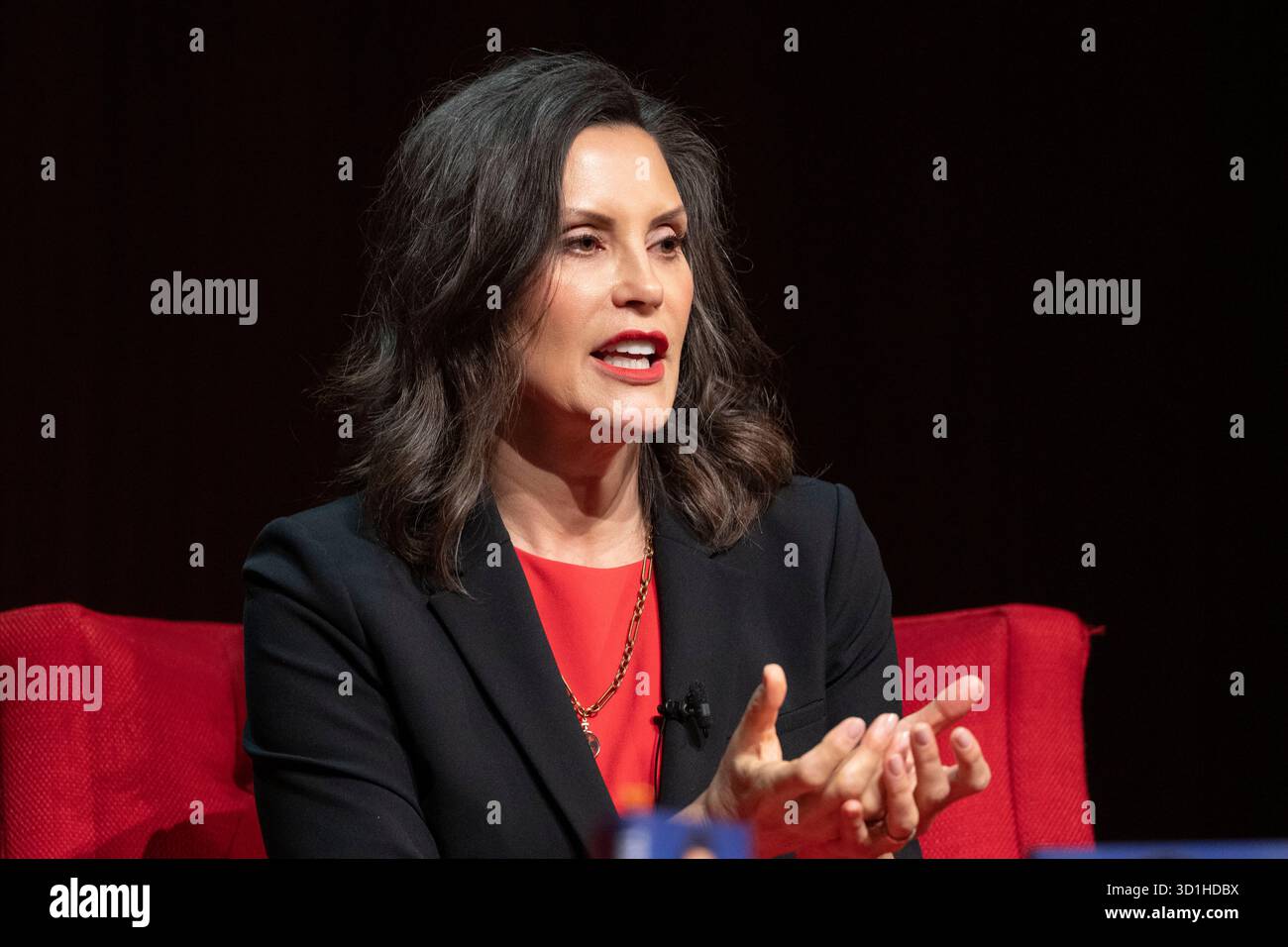 Austin, Texas, USA. 27th Oct, 2025. Michigan Governor GRETCHEN WHITMER relates her experiences as a dynamic politician and governor of a Midwestern Democratic state during a book tour talk at the LBJ Library. Whitmer famously was the target of an unsuccessful kidnapping attempt by 13 men in 2020. Credit: Bob Daemmrich/Alamy Live News Stock Photo