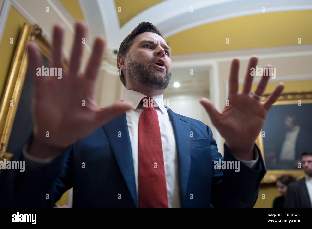 Vice Reporters Vice President JD Vance speaks with reporters after emerging from a ...