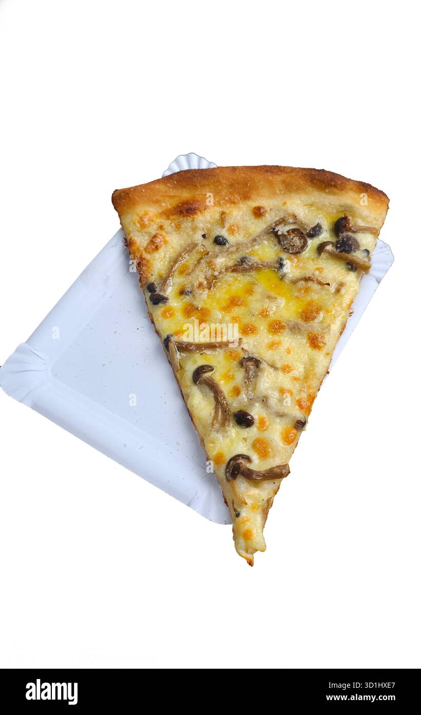 A delicious slice of pizza topped with mushrooms and melted cheese, resting on a white plate, showcasing appetizing textures and colors. - Smartphone Captured Stock Image