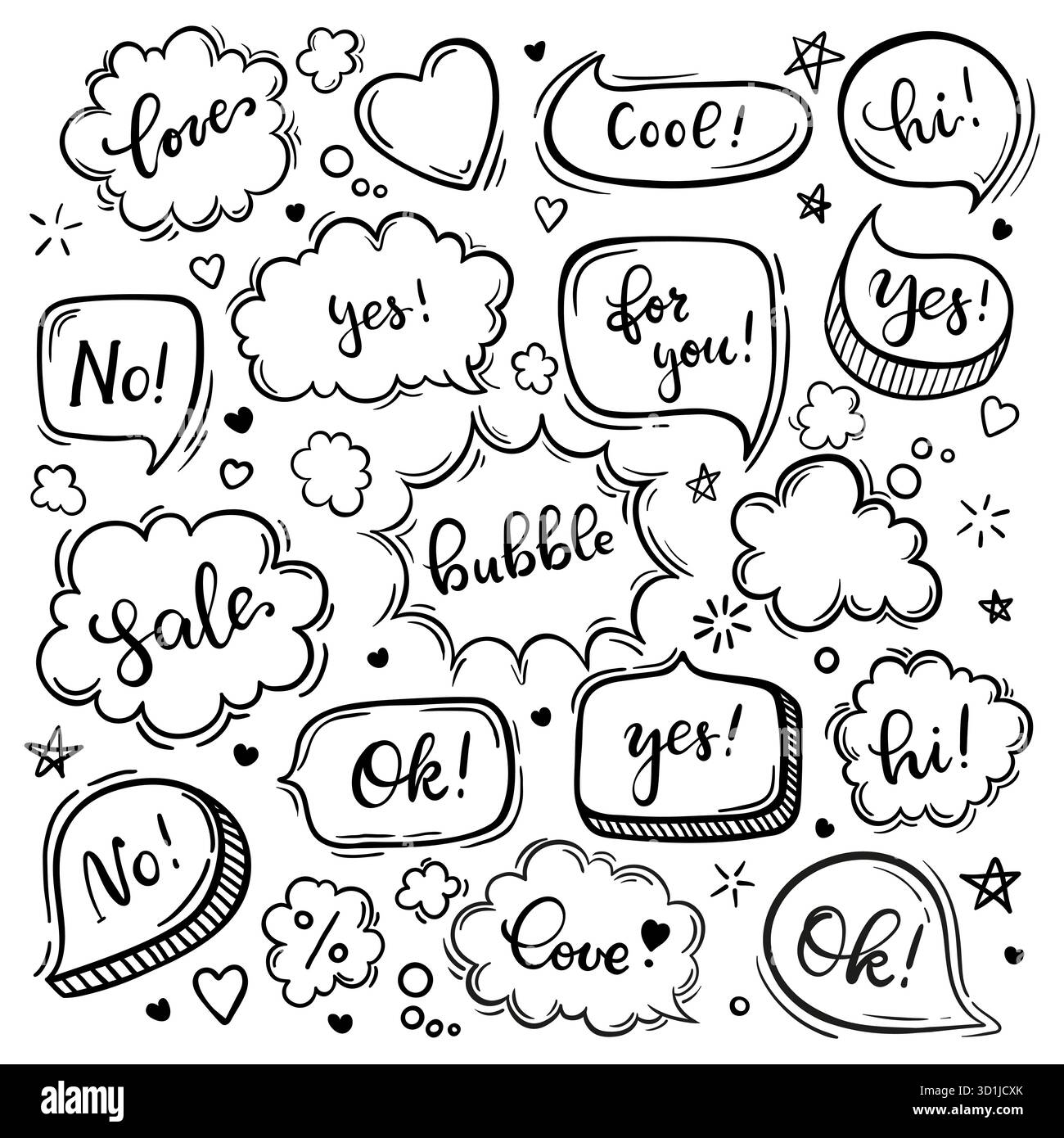Set of hand drawn sketch Speach bubbles. Vector illustration Stock ...