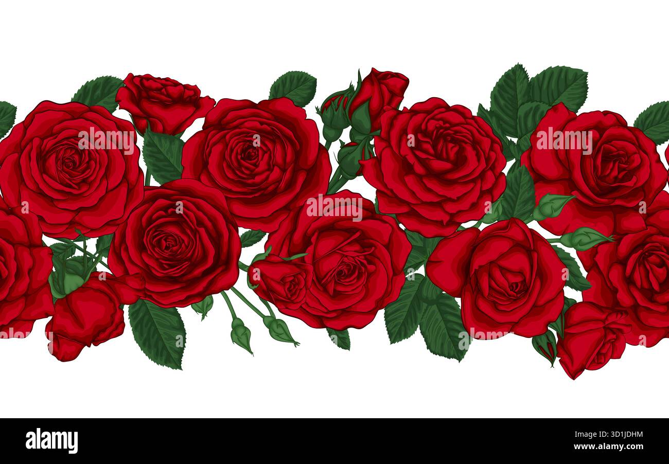 Vector horizontal seamless background with red roses, buds and leaves ...