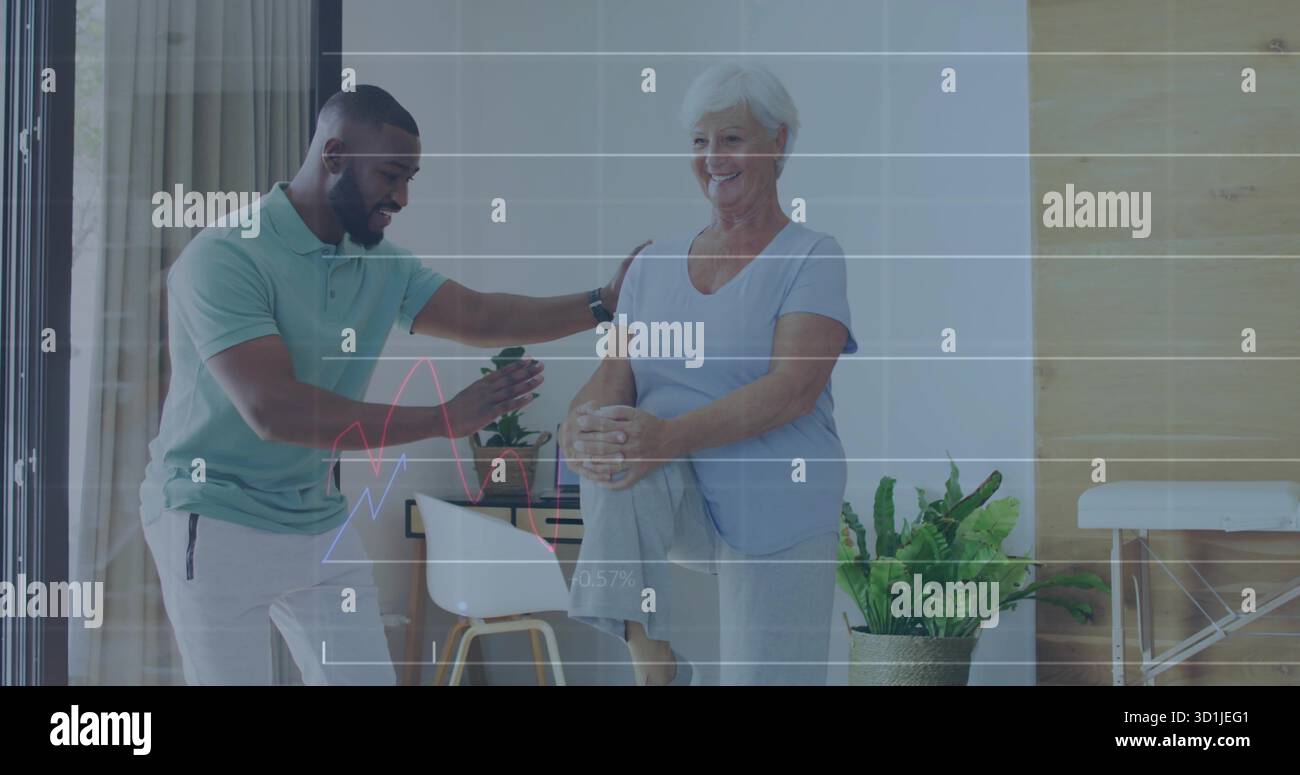 Trainer supporting client balancing leg in wellness space, with grid overlay and colored line graph Stock Photo