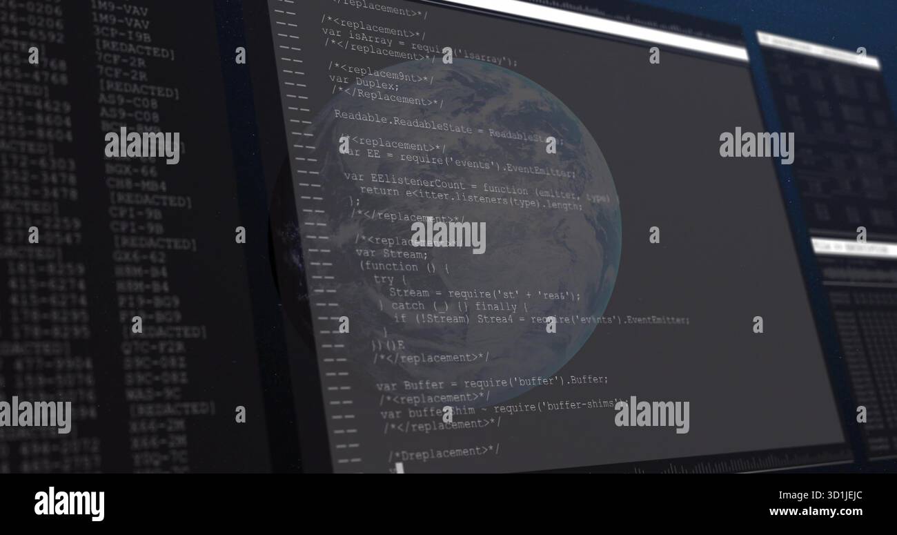 Displaying central monitor showing JavaScript code and globe overlay in workspace, with logs Stock Photo