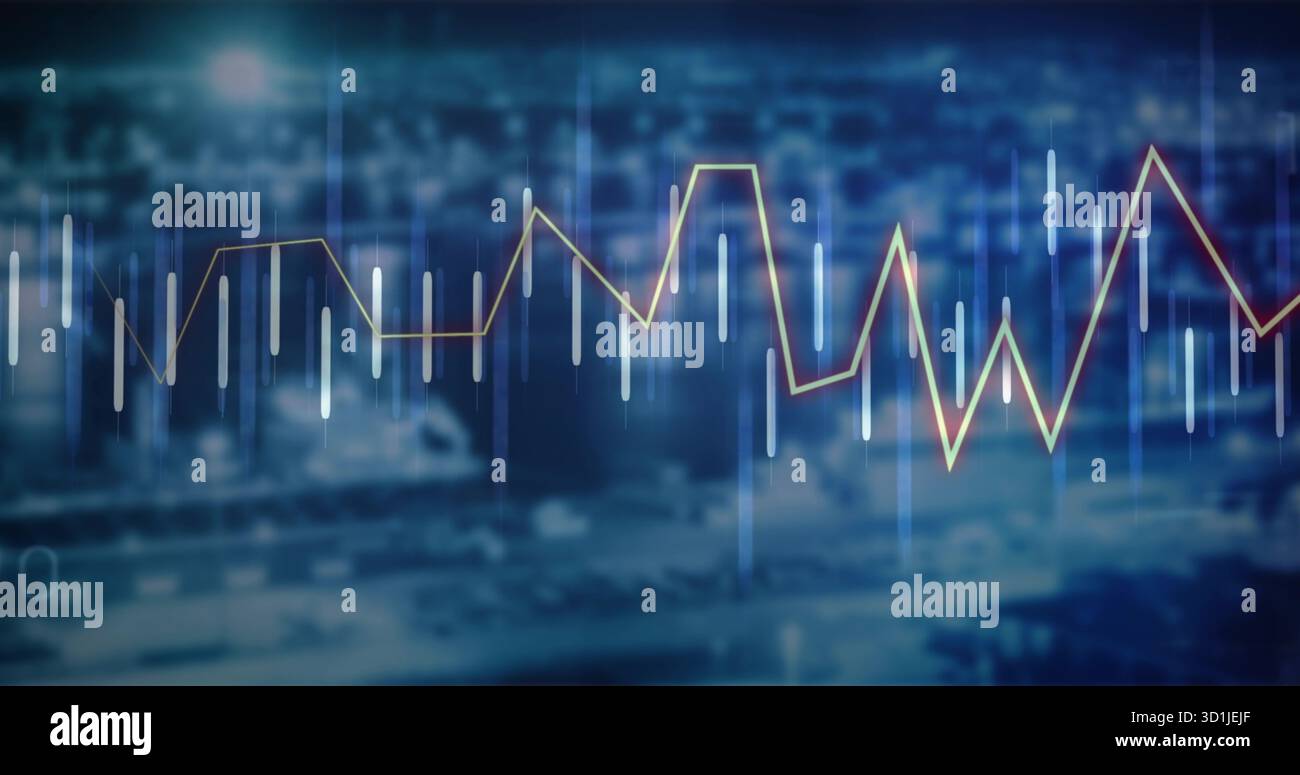 Displaying glowing line graph and vertical data bars over nighttime urban skyline, data overlay Stock Photo