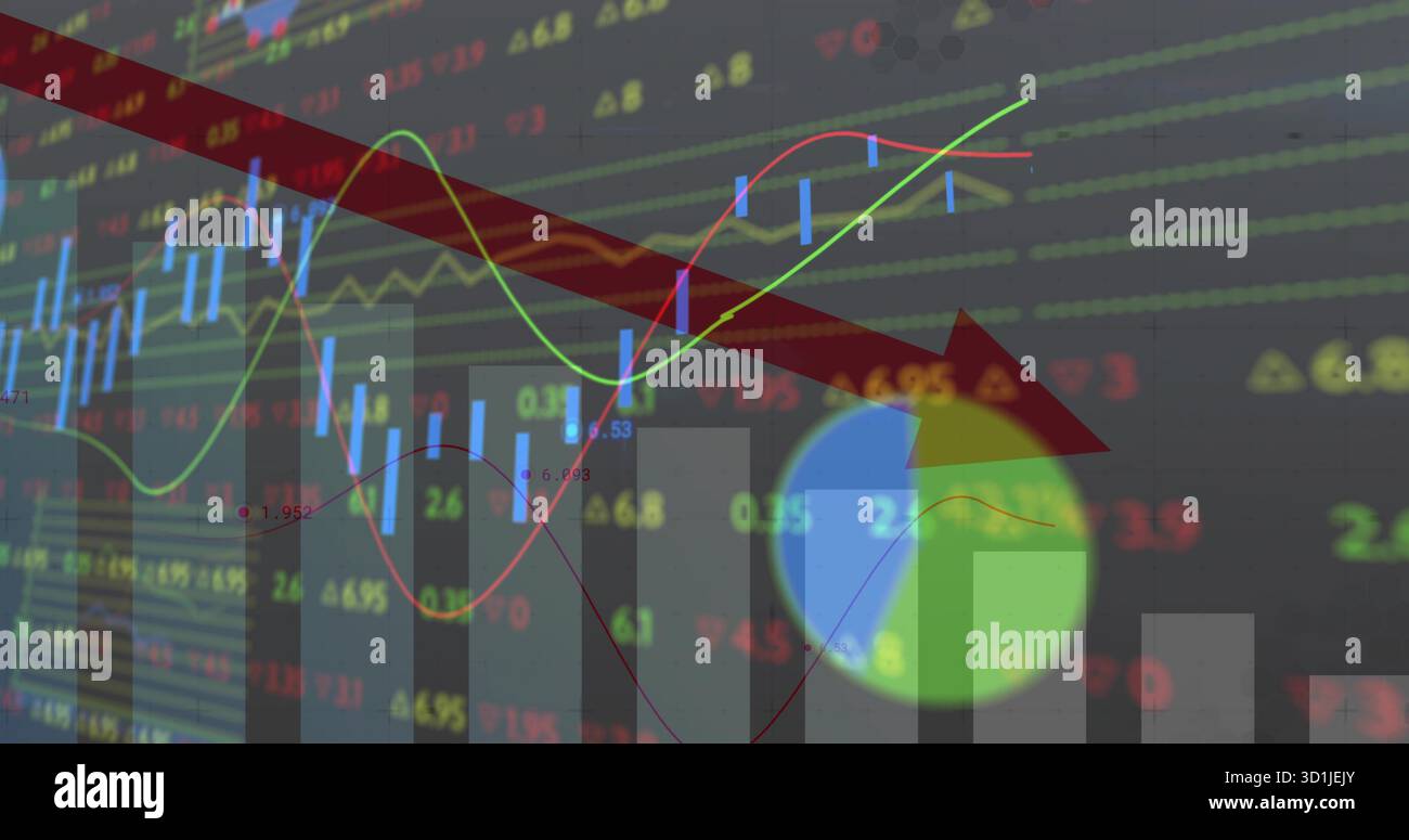 Displaying numeric chart in trading interface, with candlestick, bar, line, pie and arrow elements Stock Photo