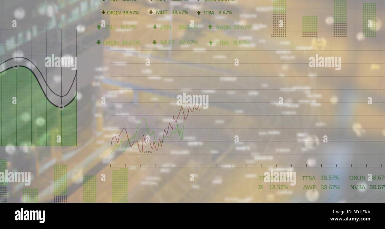 Displaying translucent grid overlay in datacenter showing green bars, trend lines and ticker data Stock Photo