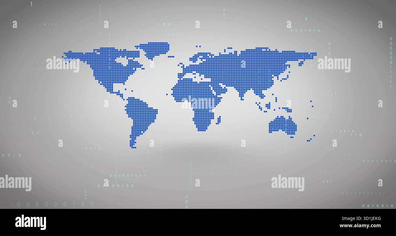 Displaying stylized dotted world map on light grey backdrop, with pale ...