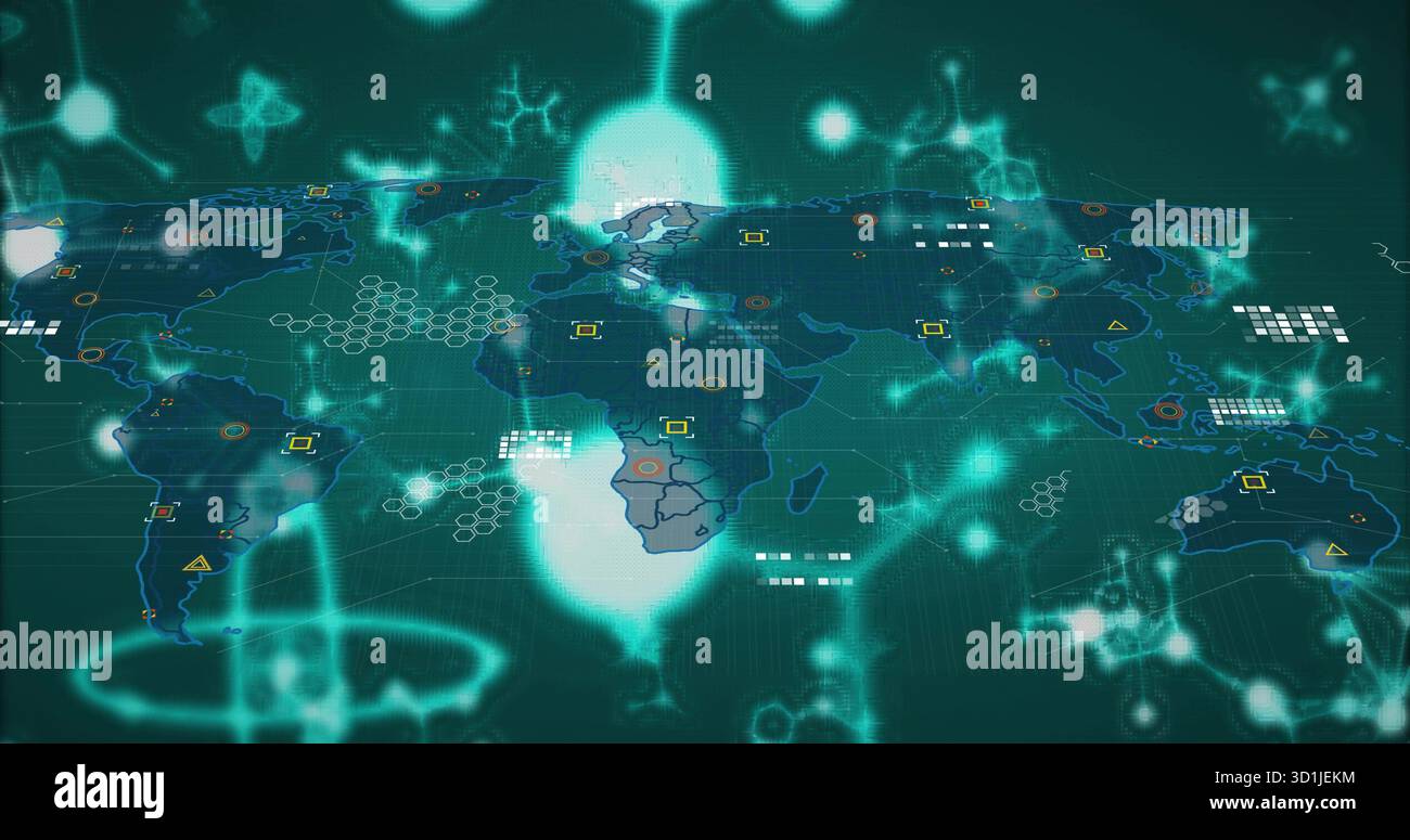 Displaying world map glowing molecular icons at command center, with hexagonal network overlays Stock Photo