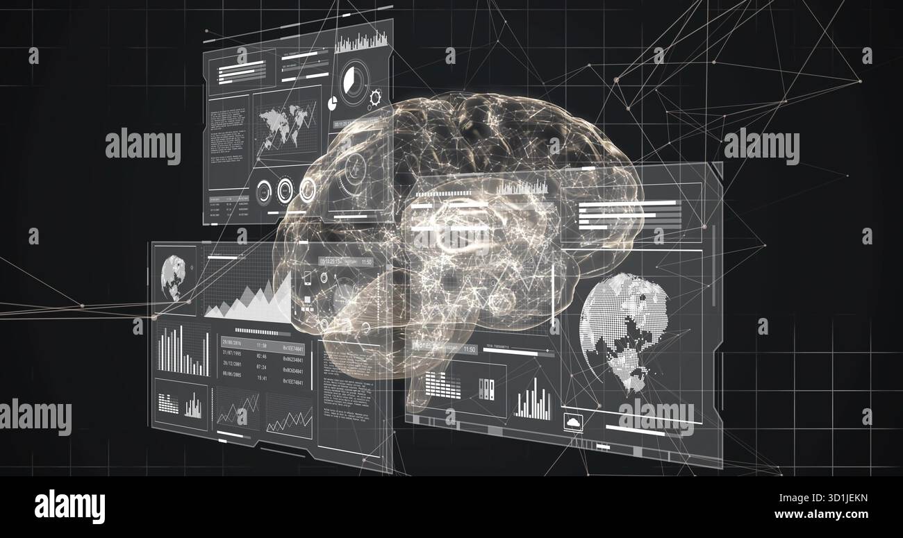 Holographic brain projection hovering in interface, with floating data ...