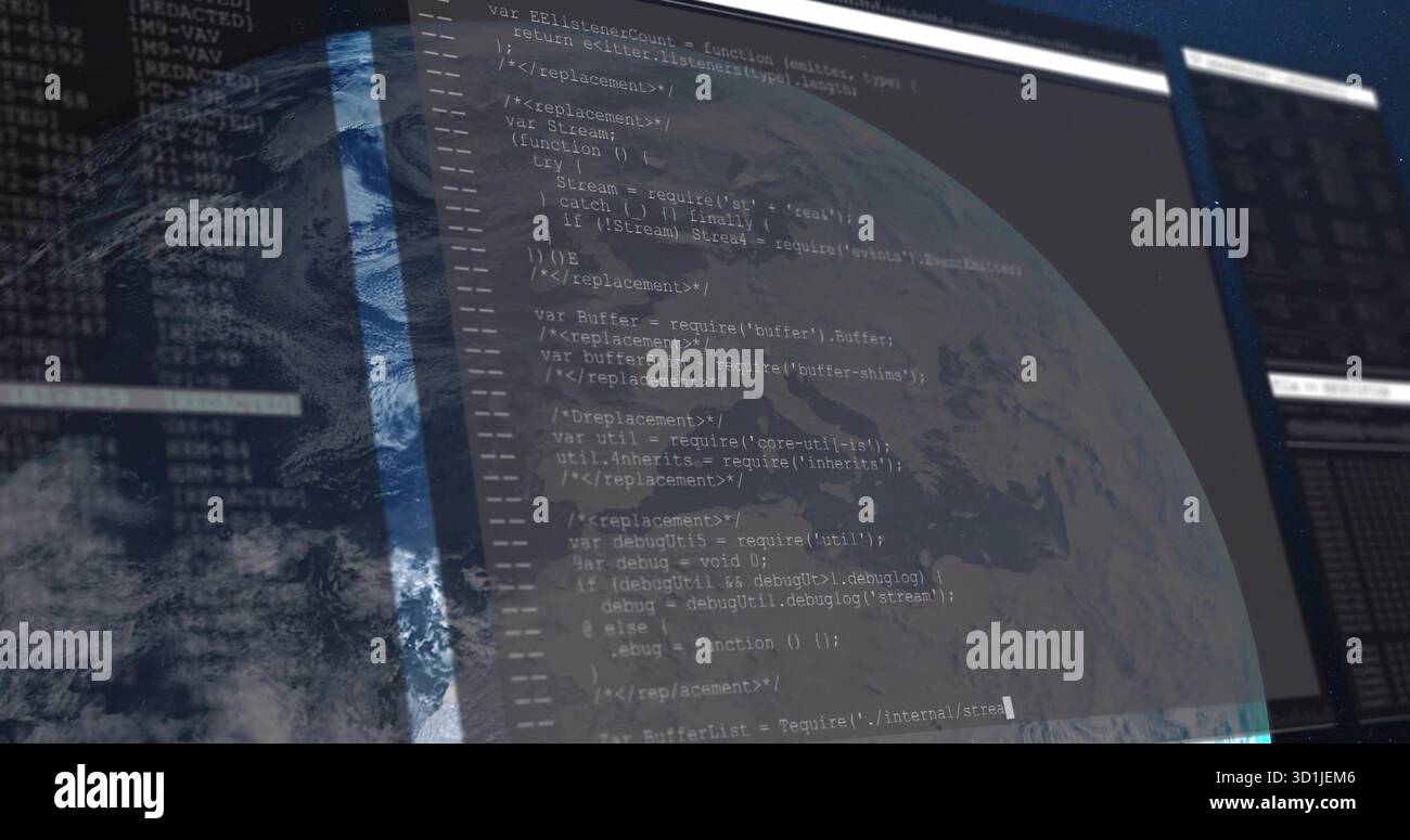 Displaying code editor showing JavaScript code over globe on computer monitor, with dark interface Stock Photo